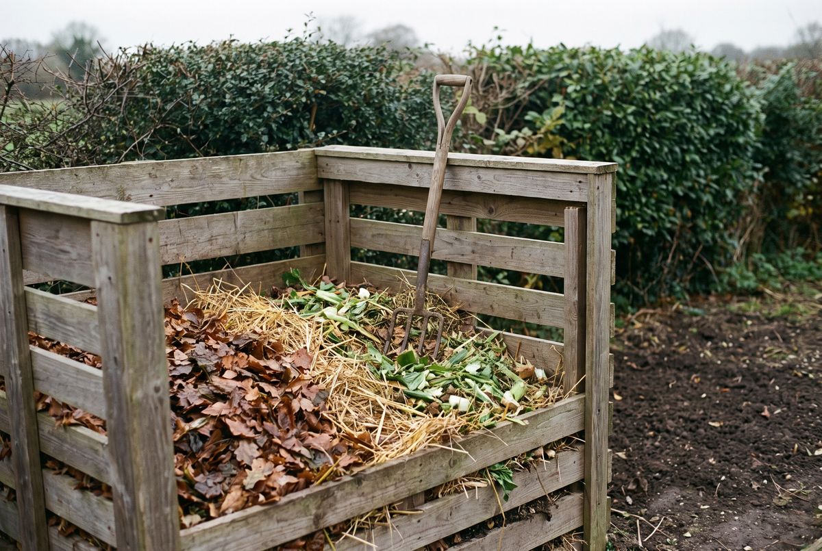 An open wooden compost bay, part filled, with a fork standing in it