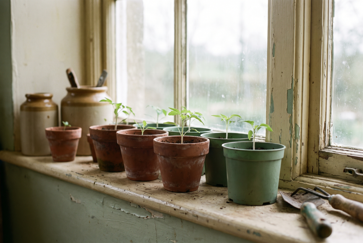 Seedlings in pots on a cool bright farmhouse windowsill