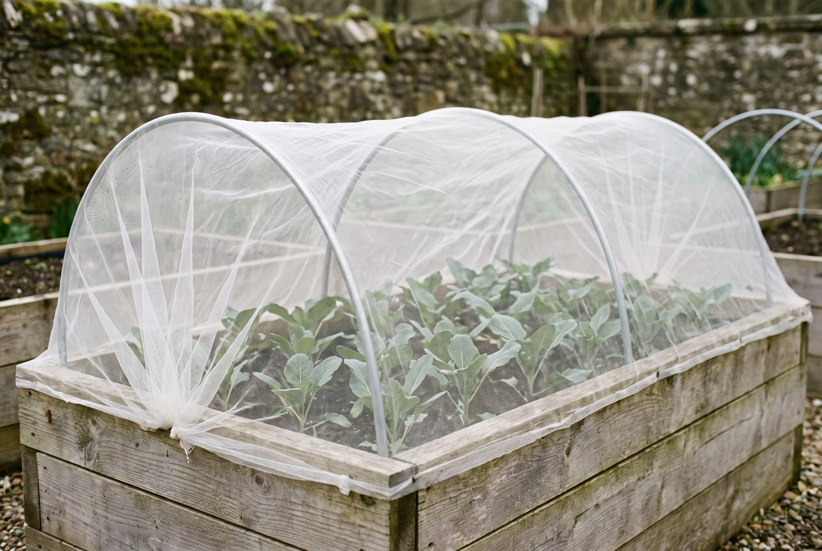 A raised bed of young brassicas under fine netting held clear on hoops