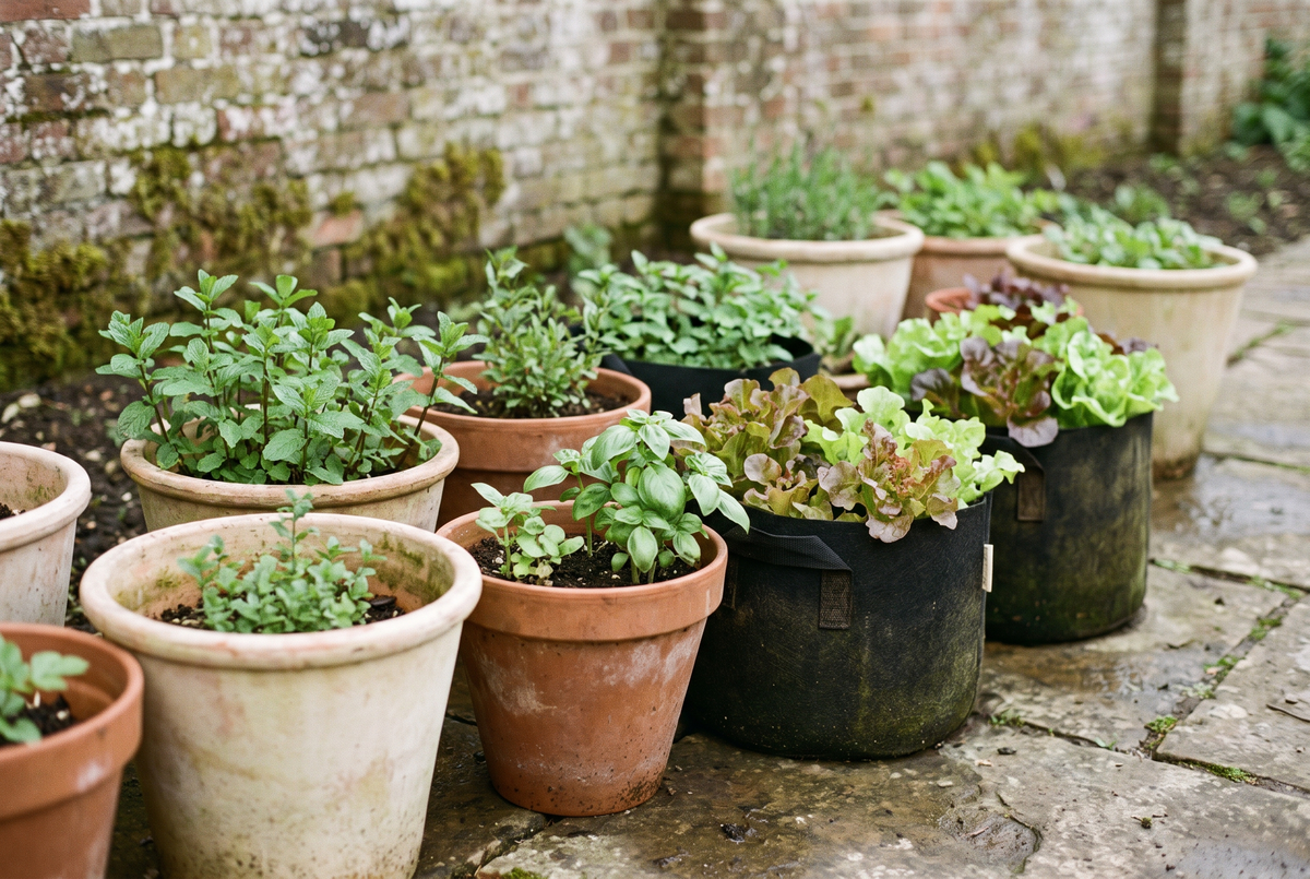 Herbs and salad leaves growing in terracotta pots against a brick wall
