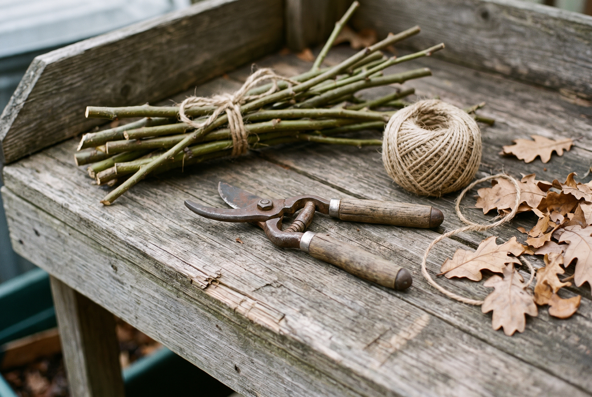 Secateurs and a bundle of cuttings tied with twine on a potting bench