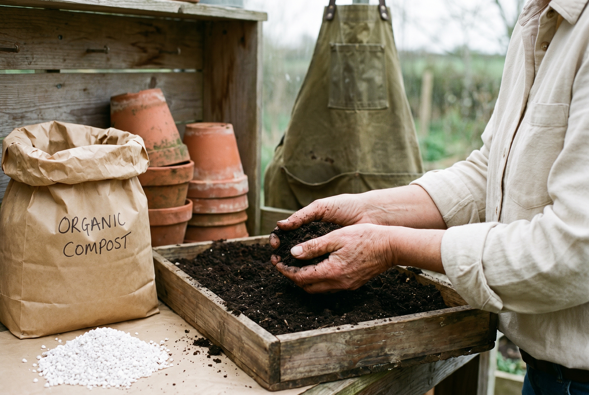 Hands working fine seed compost into a tray beside a sack of potting compost