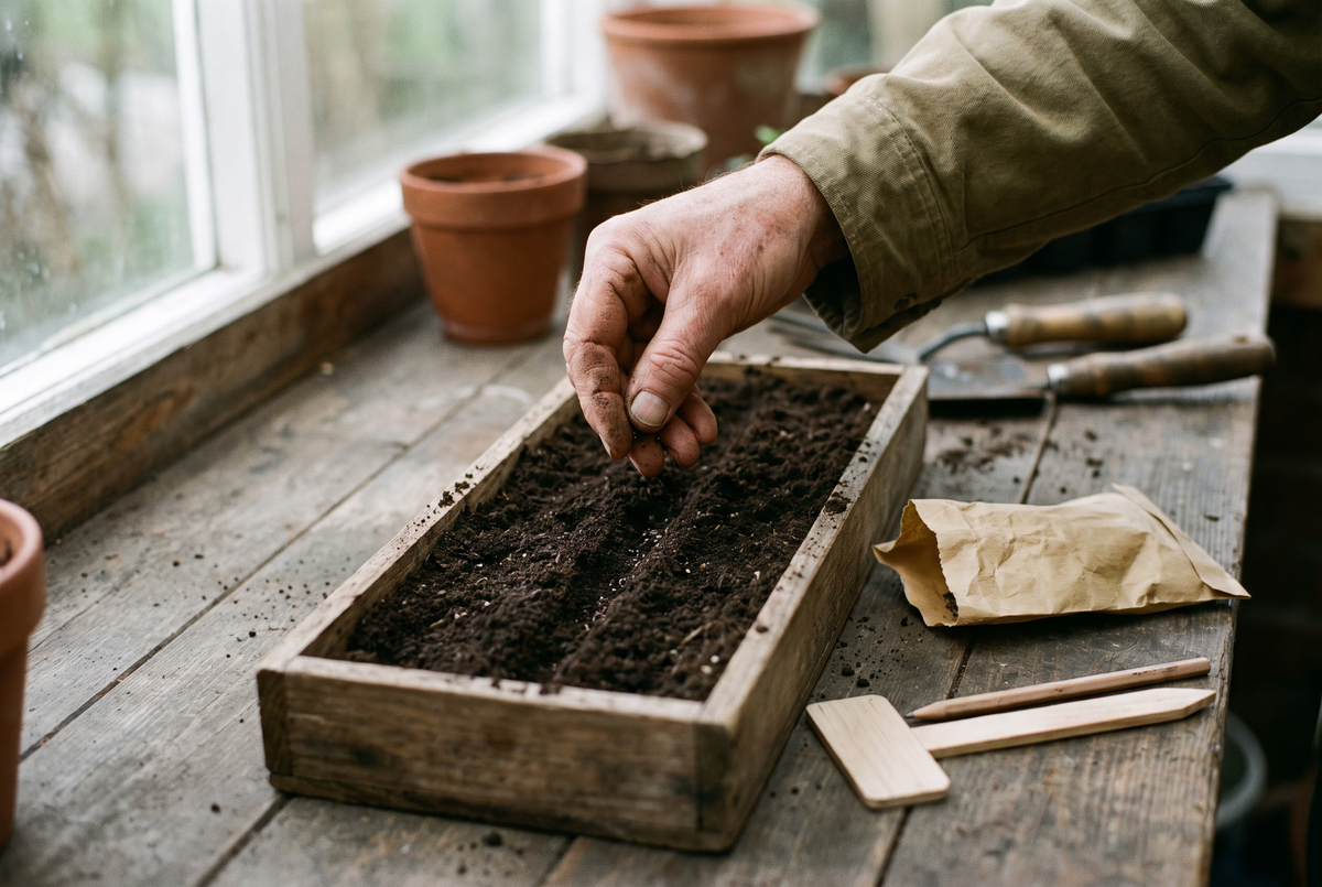 Weathered hands sowing seed thinly in a row into a wooden seed tray