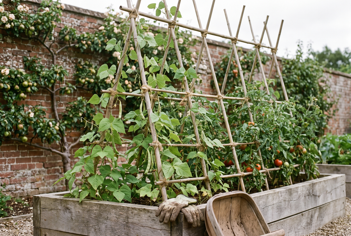 Beans climbing a frame of bamboo canes in a raised bed