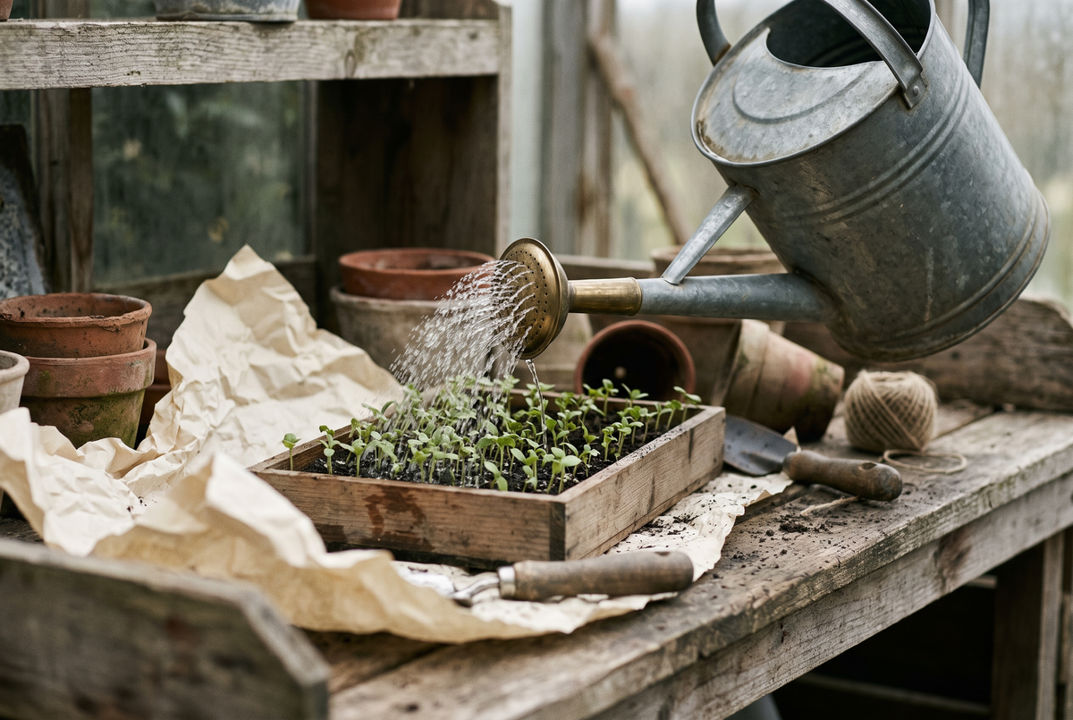A galvanised watering can with a fine rose watering a tray of seedlings
