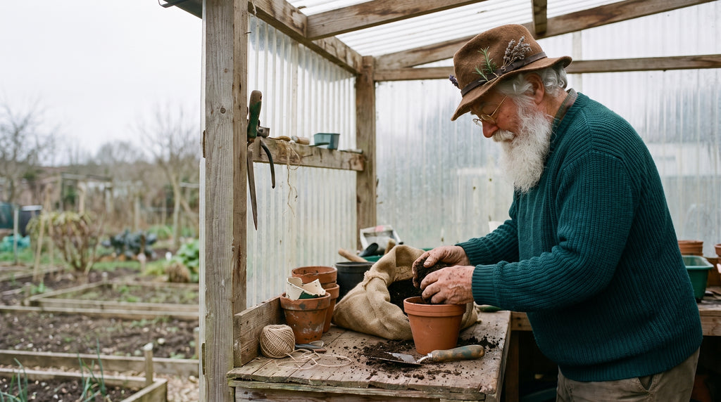 Otto standing in a walled kitchen garden holding a seedling in a clay pot