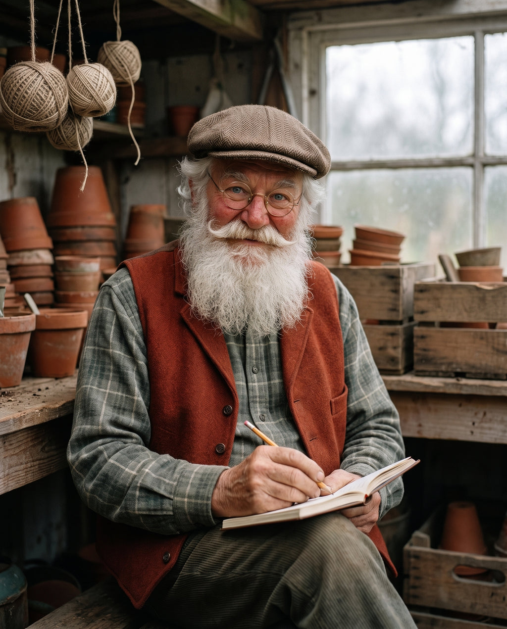 Otto in his garden, holding a seedling in a clay pot