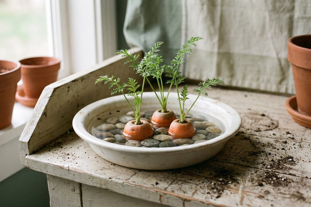 A cut carrot top growing green leaves in a shallow dish of water