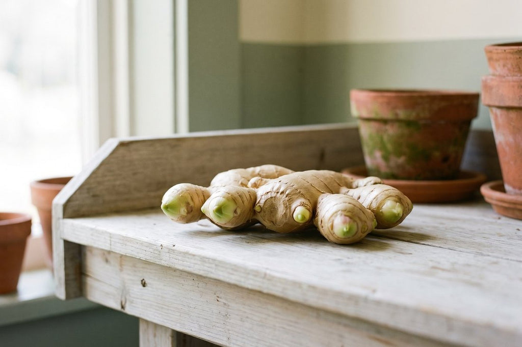 Fresh ginger rhizomes on a wooden potting bench