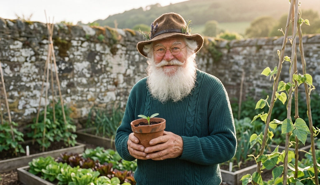 Otto standing in a walled kitchen garden holding a seedling in a clay pot