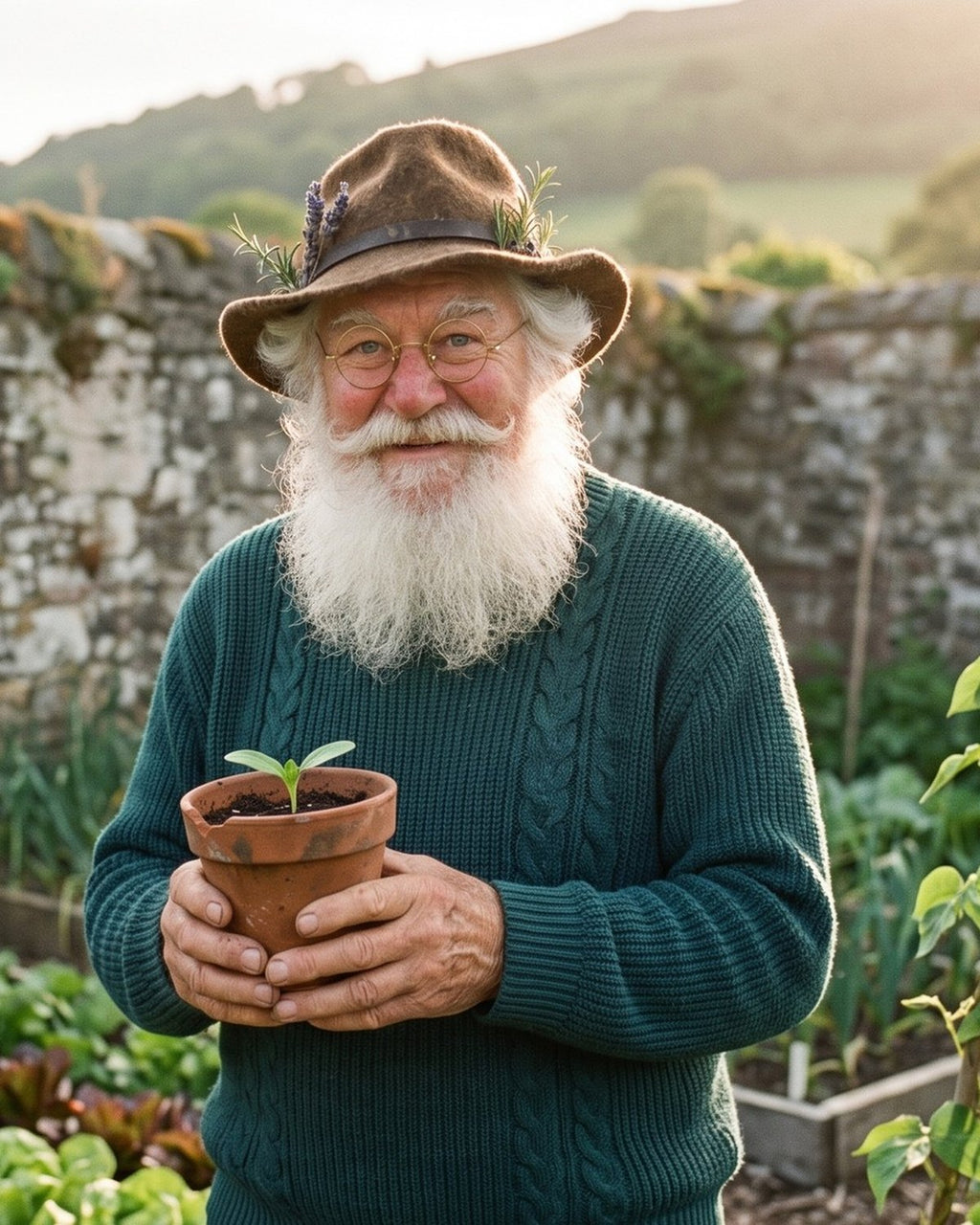 Otto in his garden, holding a seedling in a clay pot