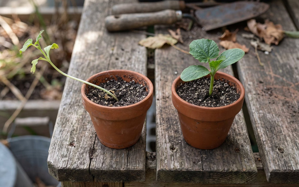 Two seedlings of the same age on a cool bright windowsill